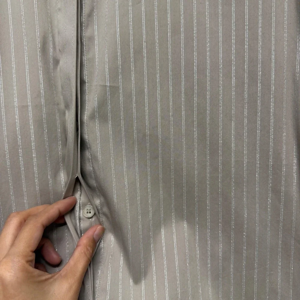 Lafayette 148 Button Down Top Womens L Taupe Pinstripe Minimalist Office Neutral - Picture 10 of 16